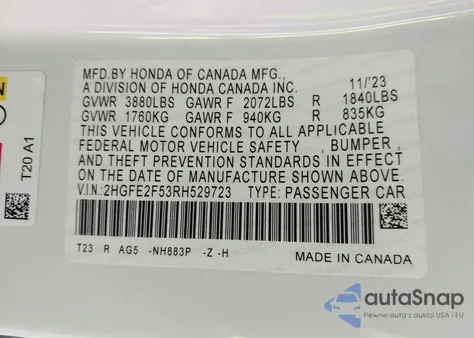 2024 Honda Civic Sport z USA, uszkodzony, nr VIN 2HGFE2F53RH529723